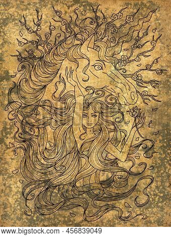 Fantasy Illustration With Hand Drawn Beautiful Fairy Girl Or Princess And Magic Unicorn Horse With N