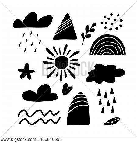 Set Of Black Silhouette Ellements Isolated On A White Background. Collection Of Summer Nature Elleme