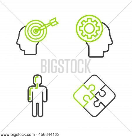 Set Line Piece Of Puzzle, User Man In Business Suit, Human Head With Gear Inside And Head Hunting Co