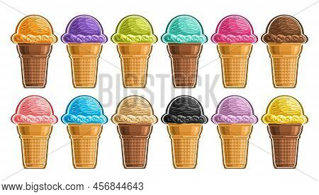 Vector Ice Cream Set, Lot Collection Of Cut Out Different Illustrations Of Group Refreshing Scoop Ba