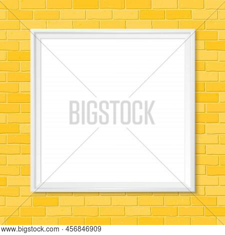 Frame On Brick Wall. Square Photoframe. Yellow Bricks Background. Place For Text. Vector Empty Mock 