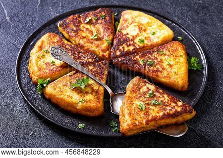 Potato Farls, Irish Potato Cakes, Potato Bread On Black Plate On Concrete Table, Horizonal View From