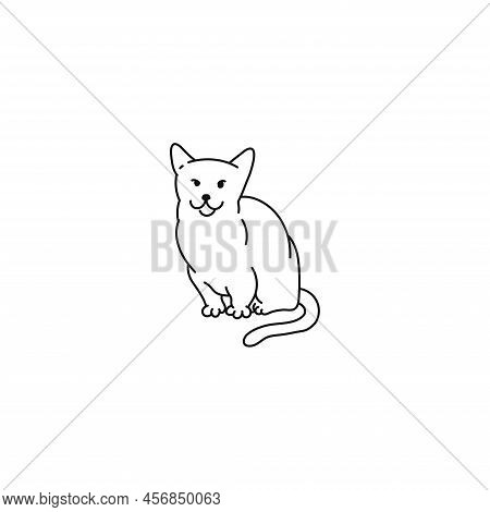 Cat Black White Munchkin Contour Sketch Doodle Illustration.