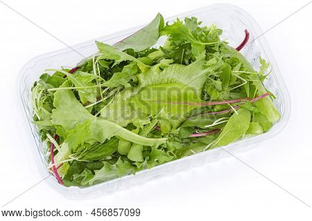 Mix Of The Different Leaf Vegetables In The Transparent Plastic Container On A White Background, Top