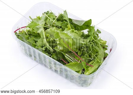 Mix Of The Different Leaf Vegetables In The Transparent Plastic Container On A White Background