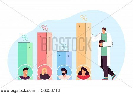Sociologist Presenting Results Of Sociological Survey. Tiny Man Standing Near Charts With Percent Of