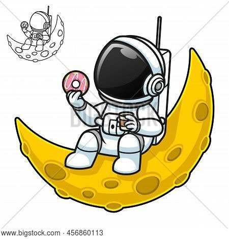 Astronaut Holding Coffee And Donuts On Crescent Moon With Black And White Line Art Drawing, Science 