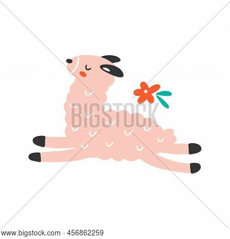 Pink Cute Running Llama With A Flower Isolated On A White Background. Hand Drawn Flat Vector Illustr