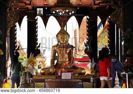 Thai People Foreign Travelers Travel Visit And Respect Praying Blessing With Holy Mystery Buddha Sta
