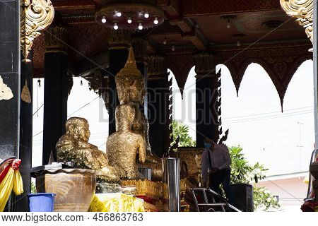 Thai People Foreign Travelers Travel Visit And Respect Praying Blessing With Holy Mystery Buddha Sta