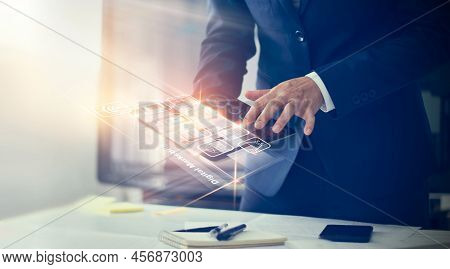 Digital Marketing. Businessman Using Modern Interface Payments Online Shopping And Icon Customer Net