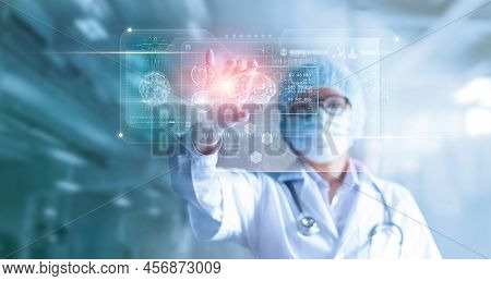 Healthcare And Medicine, Covid-19, Doctor And Robotics Research And Diagnose Virtual Human Lungs Wit