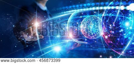 Global Business Network Concept. Businessman Touching Global Network And Data Exchanges On Cyberspac