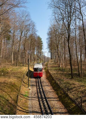 Zurich, Switzerland - March 26th 2022 - Red Waggon Of The Dolder Cog Railway