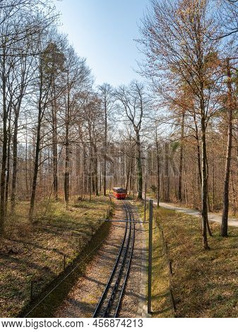 Zurich, Switzerland - March 26th 2022 - Red Waggon Of The Dolder Cog Railway
