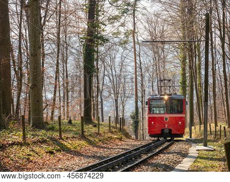Zurich, Switzerland - March 26th 2022 - Red Waggon Of The Dolder Cog Railway