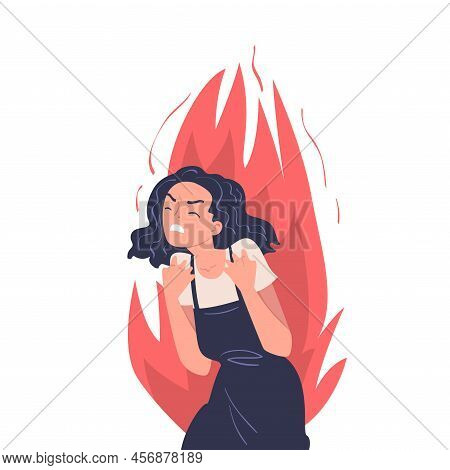 Angry Woman With Furious Face In Flame Clenching Teeth With Wrath Vector Illustration