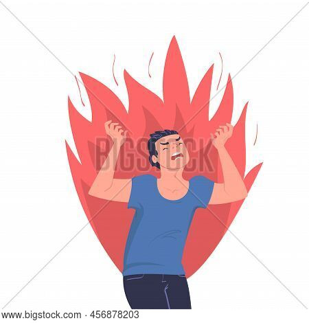 Angry Man With Furious Face In Flame Shouting With Wrath Vector Illustration