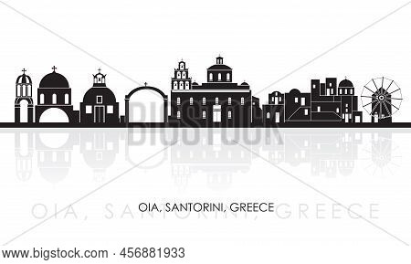 Silhouette Skyline Panorama Of Village Of Oia, Santorini, Cyclades Islands, Greece - Vector Illustra