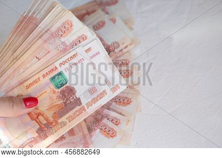 Hand With Russian Money . Russian Roubles, Russian Rubles Cash Closeup. Rubles In Cash. Finance And 
