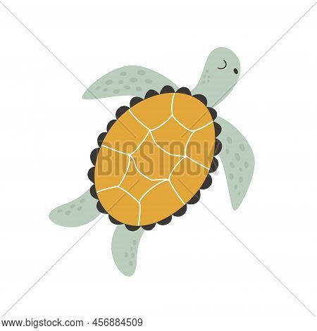 Under Water, A Cute Turtle Swims Under The Water Like A Beast. Aqua Wildlife Vector Illustration