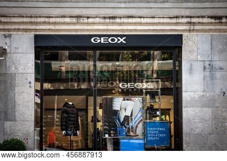 Ljubljana, Slovenia - September 15, 2021: Geox Logo In Front Of Their Local Store In Ljubljana. Geox