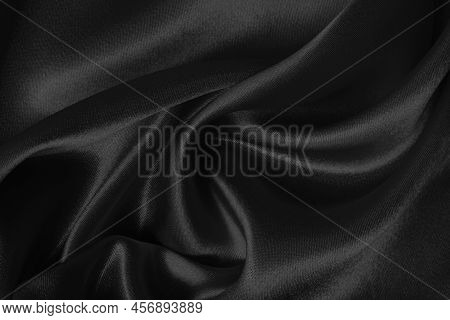 Black Fabric Cloth Texture For Background And Design Art Work, Beautiful Crumpled Pattern Of Silk Or