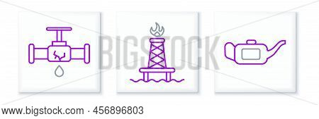 Set Line Canister For Motor Oil, Broken Pipe With Leaking Water And Oil Rig Fire Icon. Vector