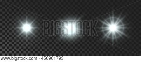 Set Of Sparkling Stars. White Glowing  Flickering And Flashing Lights On Dark Transparent Background