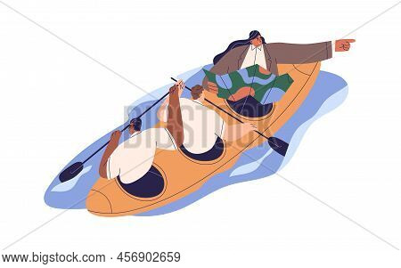 Boss Leading Business Team In Boat To Goal. Good Management, Leadership, Strategy, Teamwork Concept.