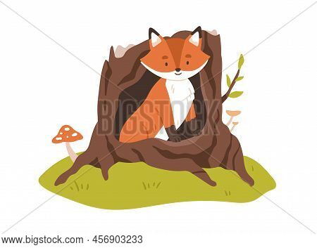Cute Fox Pup In Hole. Childish Forest Animal Character In Woods Shelter, Trunk Hollow. Funny Adorabl