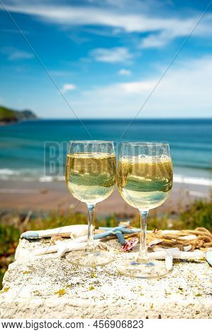 Tasting Of Txakoli Or Chacolí Slightly Sparkling Very Dry White Wine Produced In The Spanish Basque