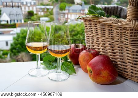 Tasting Of Strong Alcoholic Drink Calvados Made From Apples In Normandy, Calvados Region, France