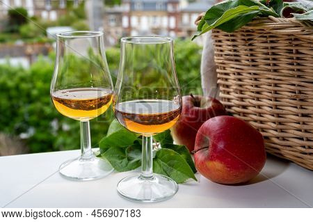 Tasting Of Strong Alcoholic Drink Calvados Made From Apples In Normandy, Calvados Region, France