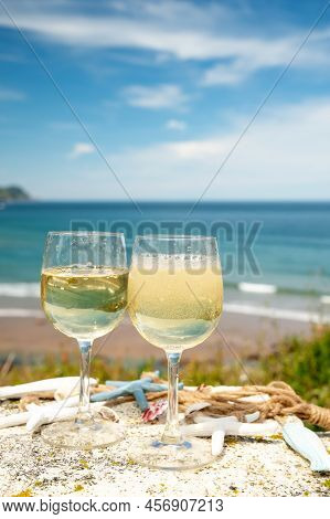 Tasting Of Txakoli Or Chacolí Slightly Sparkling Very Dry White Wine Produced In The Spanish Basque