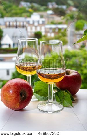 Tasting Of Strong Alcoholic Drink Calvados Made From Apples In Normandy, Calvados Region, France