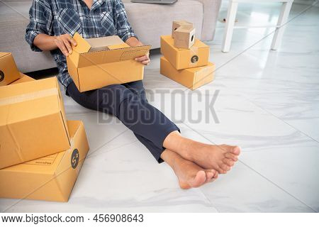 Closeup View Of Female Online Store Small Business Owner Seller Entrepreneur Packing Package Post Sh