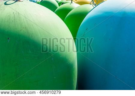 Garbage Bin Yellow Blue Green Old Dirty Sorted.garbage Sorting Concept.unused Old Conteiners. Green 