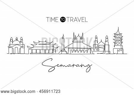 One Single Line Drawing Of Semarang City Skyline, Java, Indonesia. Town Landscape For Home Wall Deco