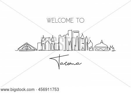 Single Continuous Line Drawing Of Tacoma City Skyline, Washington. Famous City Scraper Landscape. Wo