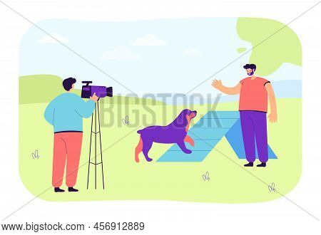 Operator Recording Dog Owner Training Pet. Man And Domestic Animal Practicing For Competition Flat V