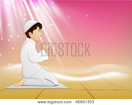 Muslimilapselta perinteisessä asussa käsittelyssä Namaj (islamilainen rukous) kiiltävä abstrakteja tausta.