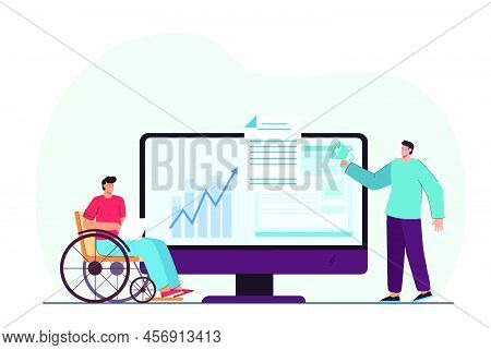 Worker In Wheelchair Next To Monitor With Statistics Graph. Company With Marketing Strategy Flat Vec