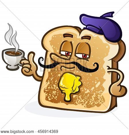 Slice Of French Toast Cartoon Character Wearing A Beret And Drinking A Cup Of Piping Hot French Roas