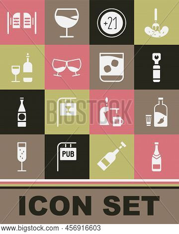 Set Champagne Bottle, Vodka With Pepper And Glass, Bottle Opener, Alcohol 21 Plus, Glass Of Cognac O