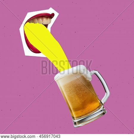Contemporary Art Collage. Creative Colorful Design With Giant Female Mouth And Lagger Foamy Beer Iso