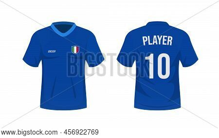 National Soccer Shirt Of The Italy National Team. Front And Back View Soccer Uniform. Sport Shirt Mo