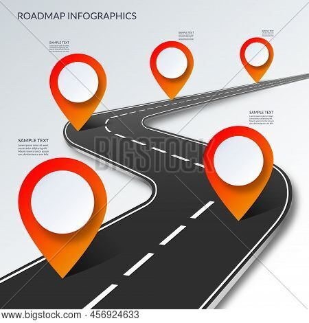 Roadmap Timeline Infographic Template With 5 Pin Pointers On The Way. Vector Illustration.