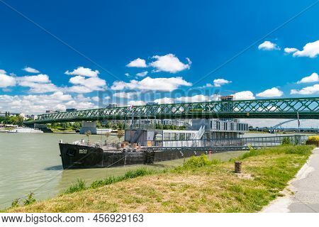 Bratislava, Slovakia - May 31, 2022: Brcko Ship And Stary Most (old Bridge) Over Danube River.