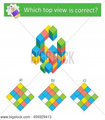 Puzzle Game. Which Top Vıew Is Correct? Iq Training Test. Visual Intellect. Vector Illustration. Ans